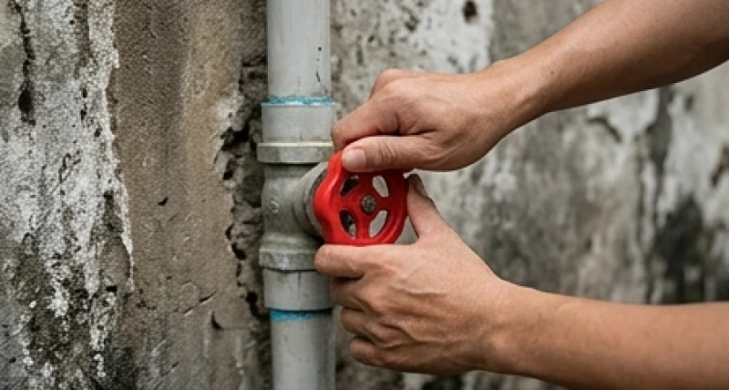 Ống nước bị vỡ là điềm gì: Phân biệt vị trí & cách hóa giải 6 Đôi tay đang vặn chặt van nước tổng màu đỏ để ngăn chặn dòng nước xối xả tràn vào nhà