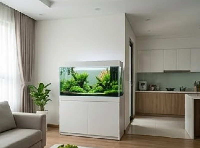 Một chiếc bể cá được kê vuông vức sát tường phòng khách, cách xa khu vực bếp đun và ban thờ tôn nghiêm