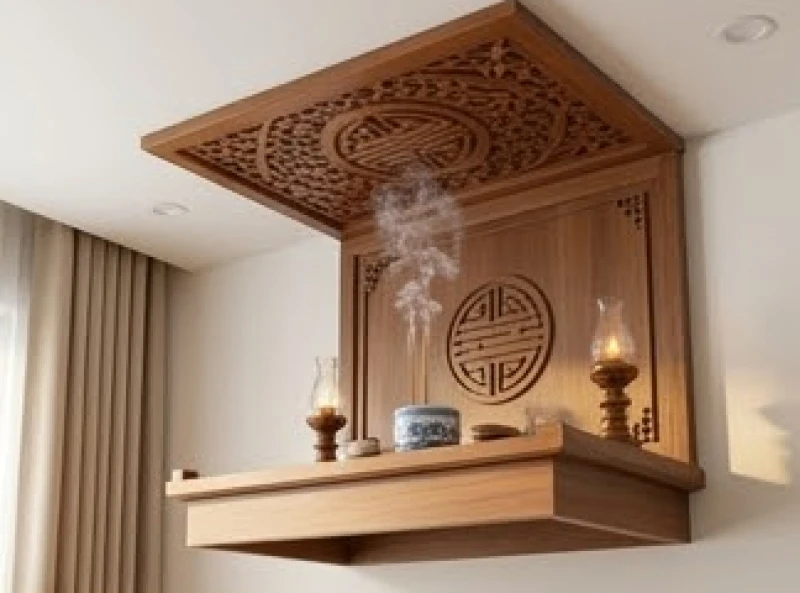 Bàn thờ treo tường có tấm chống ám khói gắn trần phía trên giúp bảo vệ tính thẩm mỹ cho không gian