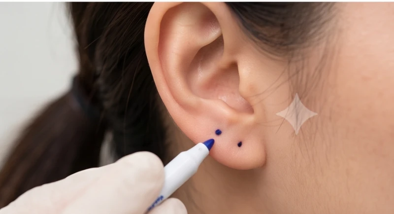 Đánh dấu khoảng cách an toàn tối thiểu từ vị trí nốt ruồi đến điểm dự định xỏ khuyên tai