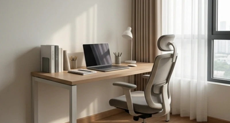Một góc học tập hiện đại với bàn gỗ được kê cách tường một khoảng hợp lý tạo sự thoáng đãng cho luồng khí