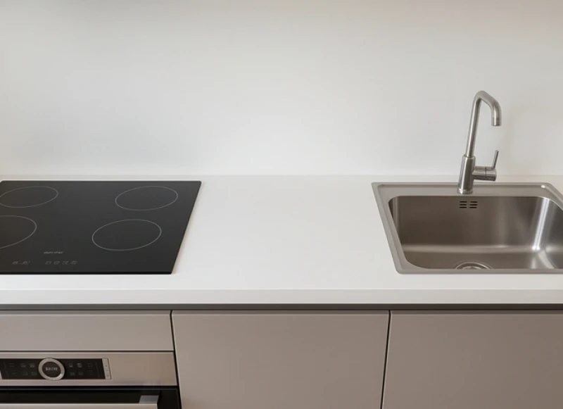 Bếp từ và bồn rửa chén inox được bố trí cách xa nhau trên cùng một dãy bàn đá.