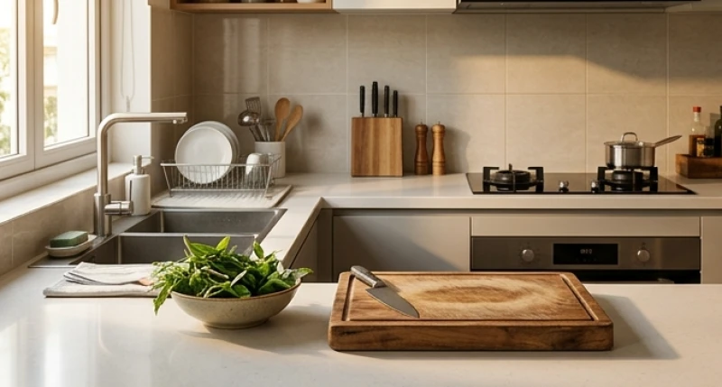 Mặt bàn bếp bằng đá rộng rãi tạo khoảng cách an toàn 60cm ngăn cách giữa chậu rửa và bếp từ