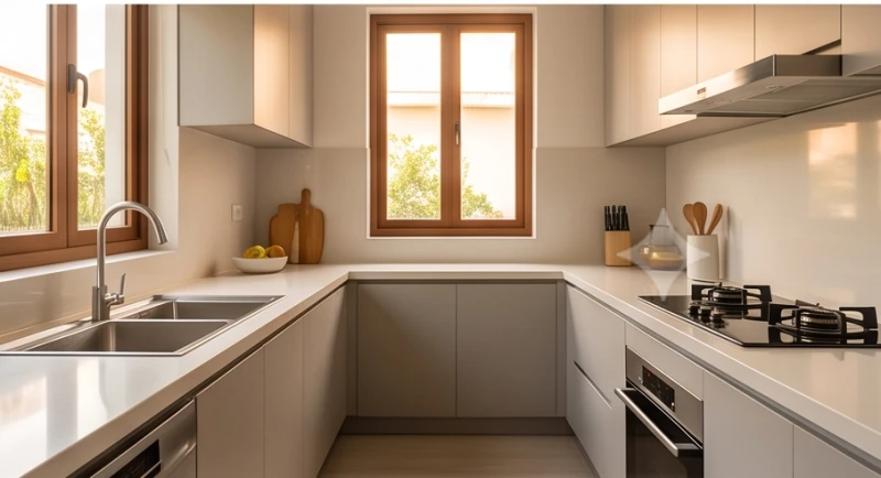Hướng bếp hợp tuổi Thân: Sơ đồ tọa hung và cách trấn trạch 8 Mặt bàn đá rộng rãi đảm bảo khoảng cách an toàn giữa bồn rửa chén và bếp nấu tránh thế trực xung Thủy Hỏa