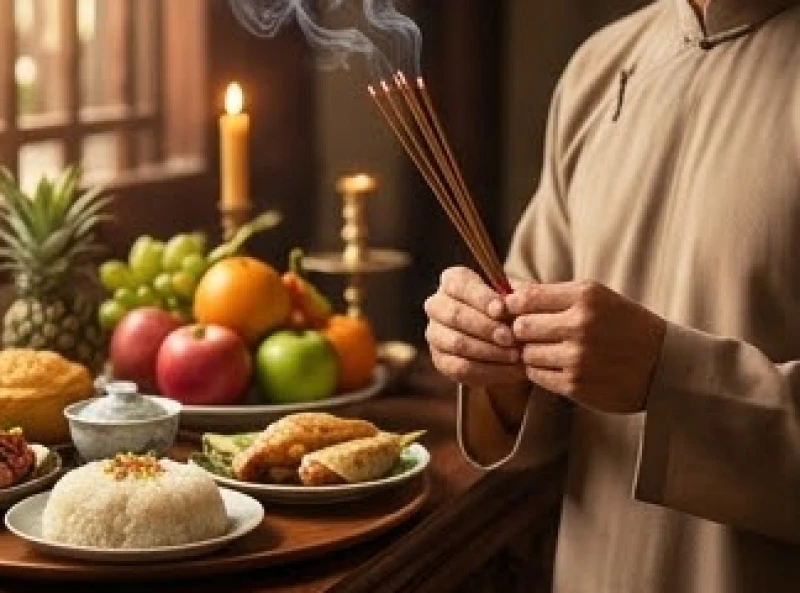 Người đứng cúng chắp tay ngang ngực giữ khoảng cách an toàn với mâm cỗ