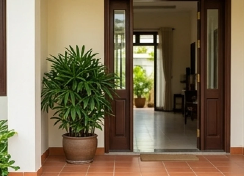 Cây trồng ngoài sân hợp tuổi Ngọ: Chọn cây chịu nắng và vị trí 11 Chậu cây cảnh lớn được bố trí gọn gàng dạt sang hai bên lối vào, cách xa thềm cửa chính để không che khuất luồng gió