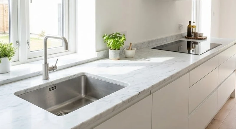Bồn rửa chén và bếp từ được bố trí cách xa nhau trên mặt bàn đá để tránh thủy hỏa tương xung