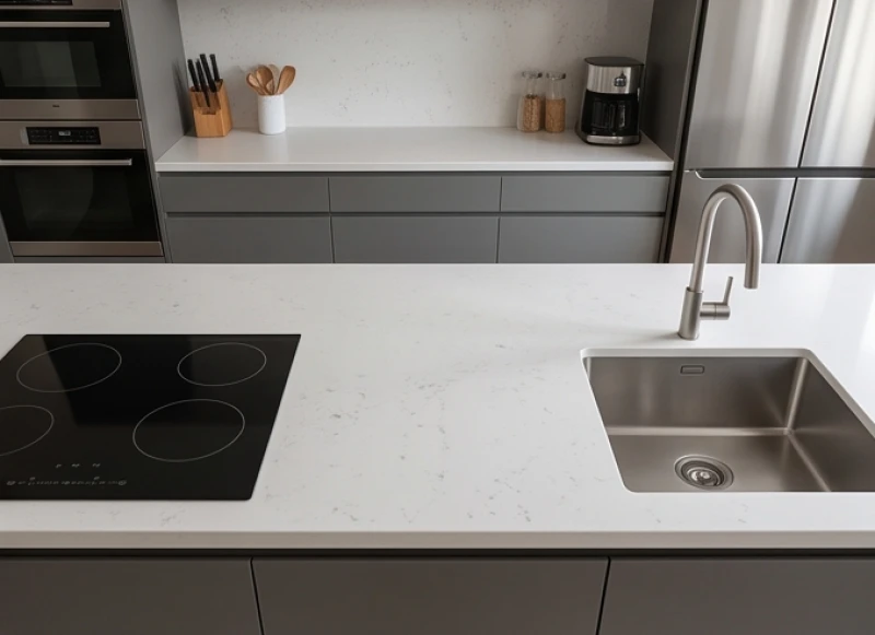 Hướng bếp hợp tuổi Tý: chuẩn nam nữ 5 can chi & quy tắc bố trí 7 Chậu rửa và bếp nấu được bố trí cách xa nhau trên mặt bàn đá dài