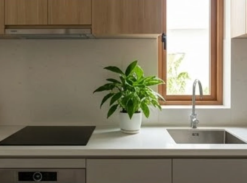 Hướng bếp hợp tuổi Hợi: Kích thước Lỗ Ban & mẹo hóa giải 7 Bố trí chậu rửa và bếp từ trên cùng mặt bàn đá với khoảng cách phong thủy an toàn trên sáu mươi centimet