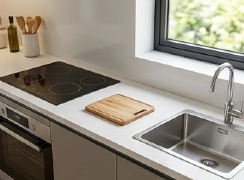 Khoảng bàn đá rộng rãi tạo khoảng cách an toàn ngăn cách giữa khu vực chậu rửa bát và bếp từ