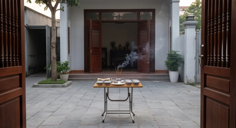 Văn khấn cúng cô hồn ngoài trời: Bản chuẩn, ngắn gọn & cách cúng 2 Mâm cúng cô hồn được đặt cách xa ngưỡng cửa nhà và hướng mặt ra ngoài đường lớn