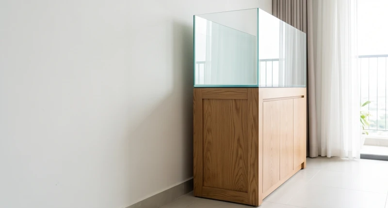 Bể cá phong thủy tuổi Sửu: Cấu hình chuẩn nạp âm và kích thước 12 Kệ gỗ sồi đỡ bể cá được kê cách mặt tường một khoảng trống nhỏ để thông gió