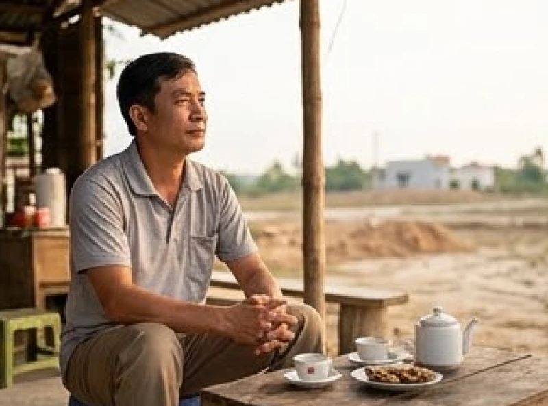 Gia chủ ngồi chờ tại một quán nước cách xa công trình để đảm bảo khoảng cách an toàn khi động thổ