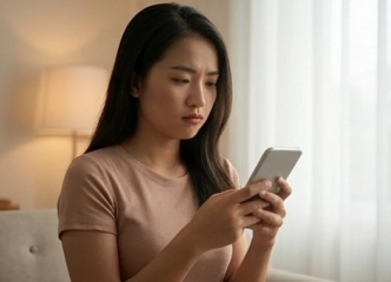 Cô gái nhìn điện thoại với vẻ mặt hụt hẫng khi mong chờ tin nhắn từ người yêu