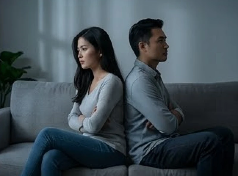 Cặp đôi ngồi quay lưng lại với nhau trên ghế sofa thể hiện sự xa cách về mặt cảm xúc