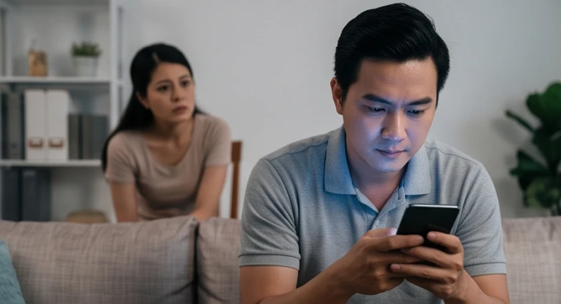 Người vợ lẳng lặng quan sát chồng đang mải mê sử dụng điện thoại di động trong phòng khách