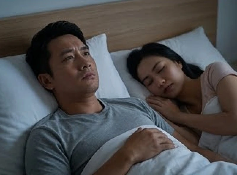 Người chồng nằm trằn trọc mất ngủ bên cạnh người vợ đang say giấc, phản ánh khoảng cách tình cảm và sự thiếu hụt giao tiếp