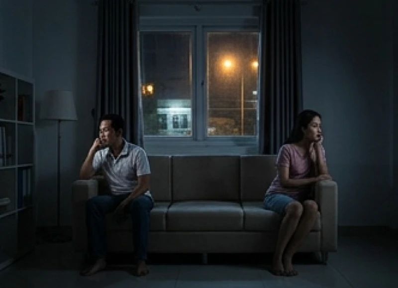 Mơ thấy tai nạn xe máy: Giải mã điềm báo & cách trấn an lo âu 4 Hai bóng người ngồi cách xa nhau trên ghế sofa trong bóng tối thể hiện sự ngột ngạt