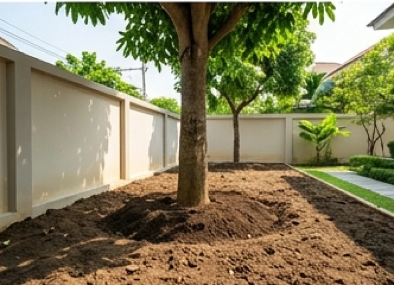 Gốc cây bóng mát được trồng cách xa móng tường rào tạo không gian phát triển cho bộ rễ