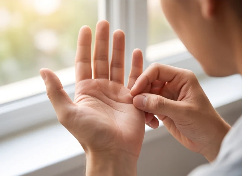 Cận cảnh việc quan sát kỹ lưỡng khoảng cách giữa hai đoạn đứt trên bàn tay