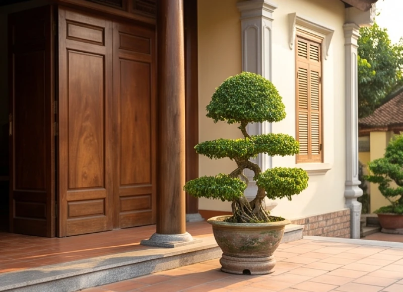 Cây trồng ngoài sân hợp tuổi Tỵ: chịu nắng gió và hướng đặt 7 Chậu cây phong thủy tán rộng được bố trí cách xa tâm cửa chính một khoảng an toàn đón luồng gió mát