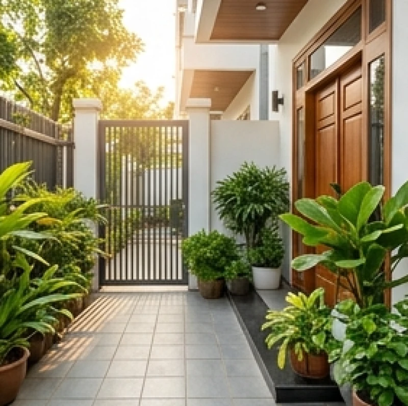 Khoảng sân trước trồng cây xanh tạo khoảng đệm không gian giữa cổng chính và mép cửa nhà