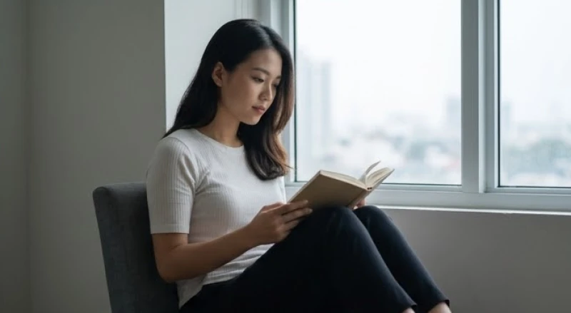 Cô gái ngồi một mình thư giãn bên cửa sổ đọc sách, tận hưởng không gian riêng để cân bằng lại cảm xúc