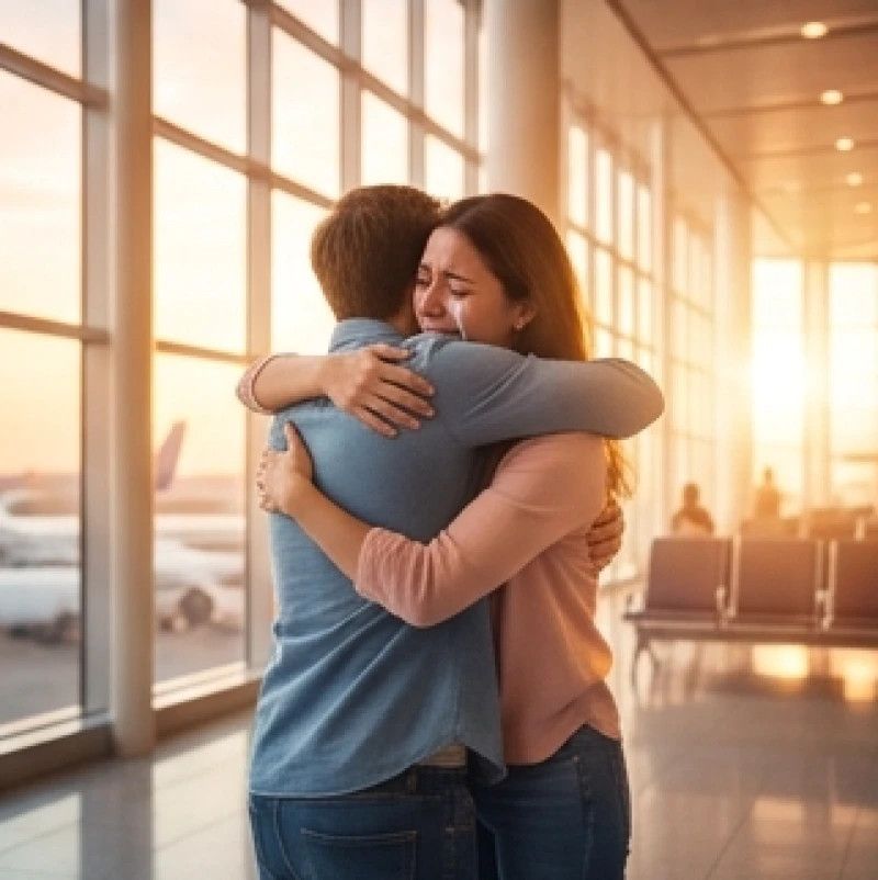 Hai người ôm nhau rơi nước mắt tại sảnh chờ sân bay ngập tràn ánh sáng ấm áp