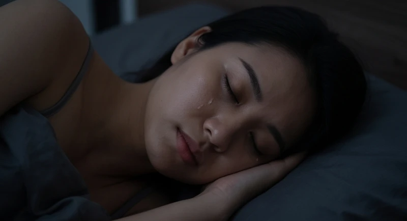 Một giọt nước mắt lăn dài trên má người phụ nữ đang nhắm mắt chìm trong giấc ngủ sâu