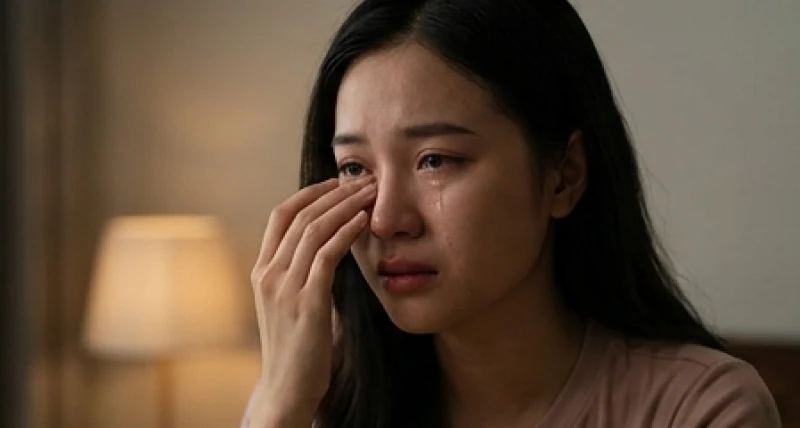 Giọt nước mắt lăn dài trên gò má của người phụ nữ trong không gian phòng ngủ tối