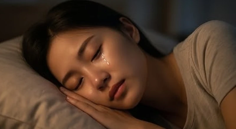 Đôi mắt đẫm lệ của một cô gái Á Đông đang nhắm lại trong giấc ngủ êm đềm mang lại sự nhẹ nhõm