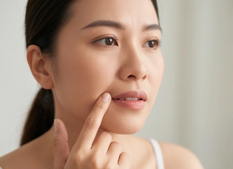 Người phụ nữ đang chạm nhẹ đầu ngón tay vào khóe môi phải khi cảm nhận sự co rút cơ bất ngờ vào buổi trưa