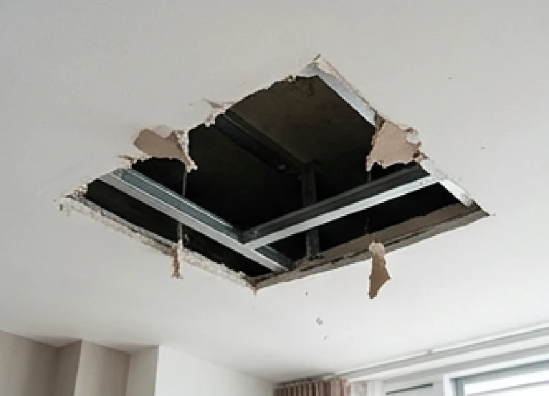 Mảng trần thạch cao bị khoét một lỗ lớn nham nhở để thợ sửa chữa moi tìm xác động vật thối rữa bên trong