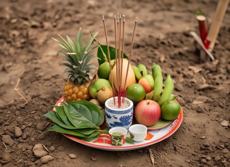 Mâm cúng động thổ truyền thống được chuẩn bị tươm tất với hoa quả và hương nhang ngoài trời