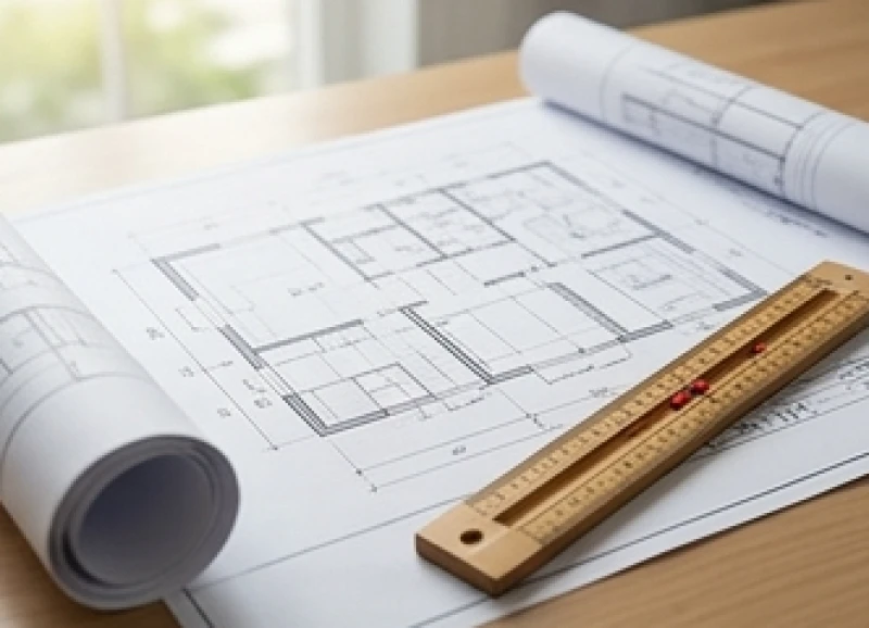 Tháng Tốt Xấu Của Tuổi Mùi Năm 2026: Lịch Cát Hung Chi Tiết 7 Bản vẽ thiết kế nhà ở được trải rộng bên cạnh thước lỗ ban phong thủy