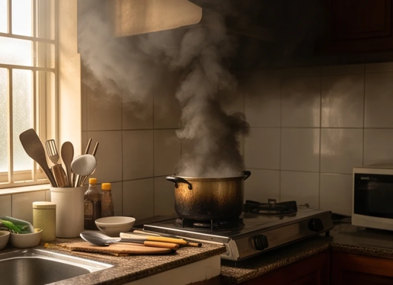 Căn bếp ngập trong khói đen tà khí do sự cố nấu ăn bốc cháy vì gia chủ lơ đễnh