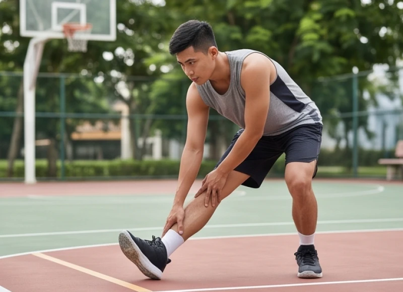 Nam thanh niên đang khởi động kỹ vùng cổ chân và đầu gối trước khi bước vào trận đấu thể thao