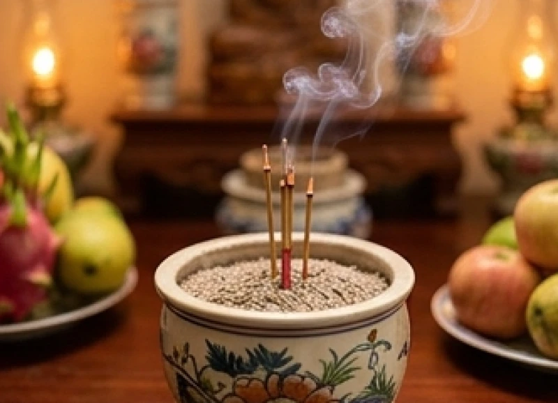 Khói nhang bốc lên từ bát hương trên bàn thờ gia tiên trước khi bắt đầu đọc văn khấn