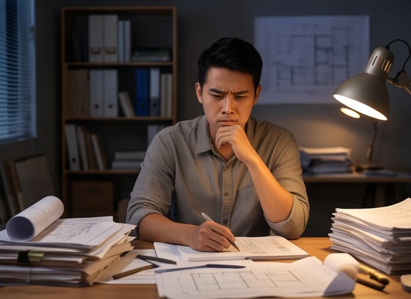 Tử vi trọn đời tuổi Giáp Ngọ 1954 nam mạng: Luận giải hậu vận 7 Người thanh niên nhăn trán suy nghĩ trước những bản vẽ và tài liệu trên bàn làm việc