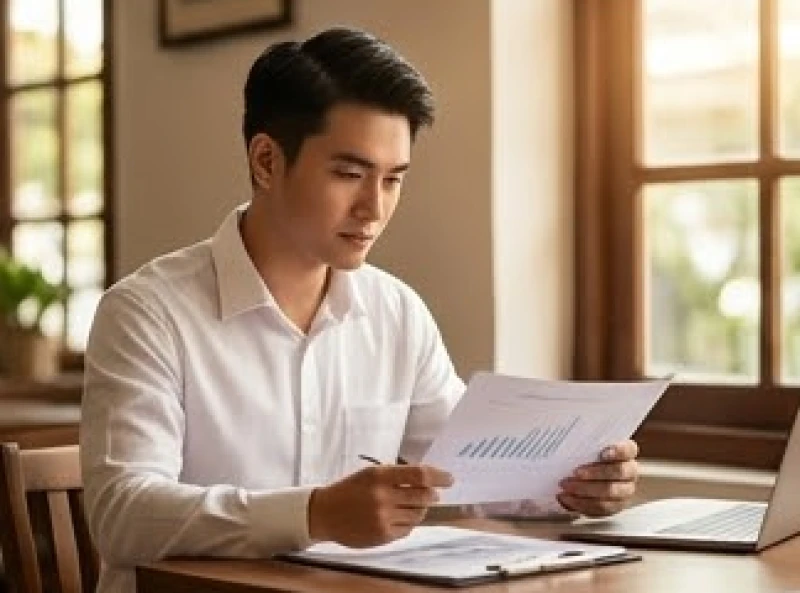 Nam thanh niên đang tập trung nghiên cứu tài liệu kinh doanh trong không gian làm việc tĩnh lặng