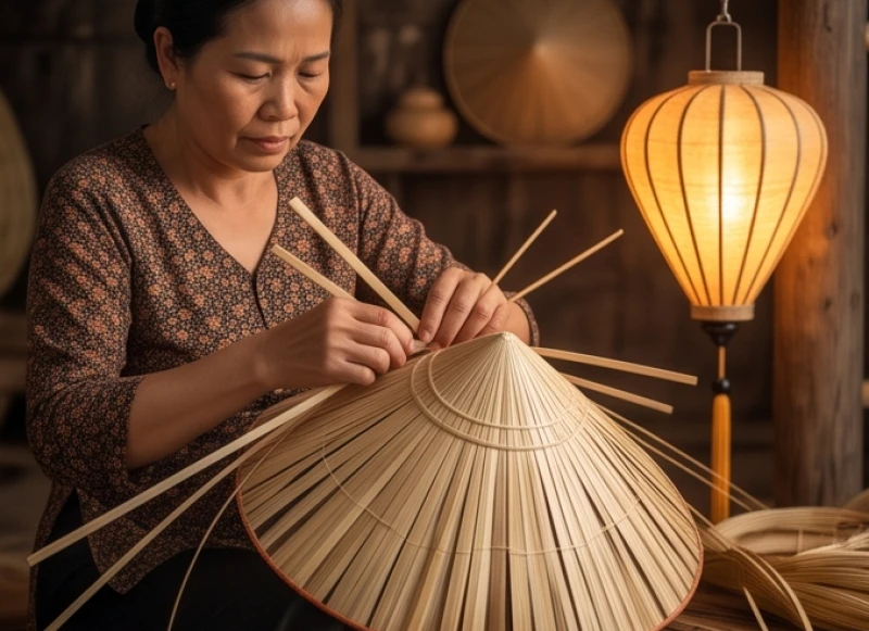 Người phụ nữ đan nón lá truyền thống với đôi bàn tay tần tảo làm việc dưới ánh đèn lồng