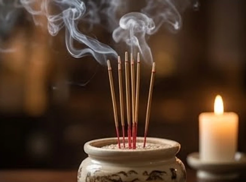 Hình ảnh nhang khói tỏa lên đều đặn và ấm áp từ bát hương trên bàn thờ gia đình