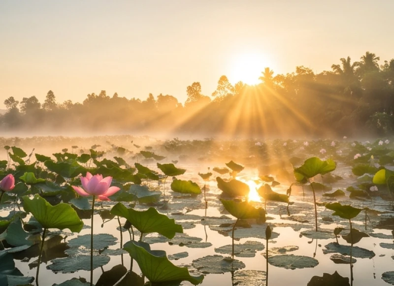 Phong cảnh sương sớm bình minh rực rỡ tượng trưng cho sinh khí tươi mới của nửa đầu ngày âm lịch