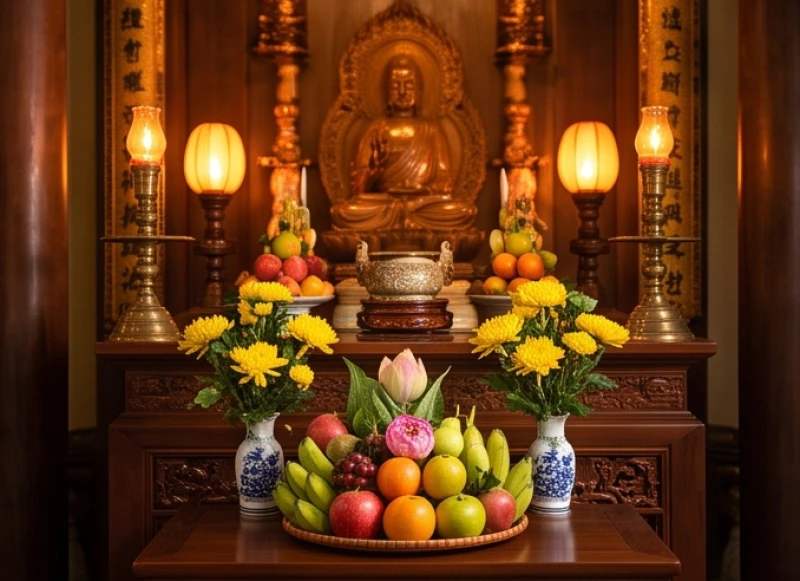 Văn khấn Đức Thánh Hiền tại chùa: Bài cúng chuẩn và sắm lễ chay 8 Mâm cúng chay tịnh với hoa quả và nến đặt cẩn thận trước không gian ban thờ ngài A Nan thanh khiết