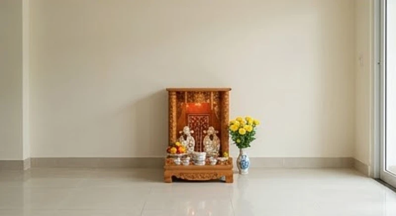 Khu vực xung quanh bàn thờ Thần Tài được giữ thoáng đãng, không có vật dụng sinh hoạt bừa bộn