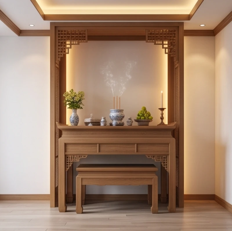 Bàn thờ gia tiên bằng gỗ trang nghiêm đặt tại vị trí vượng khí