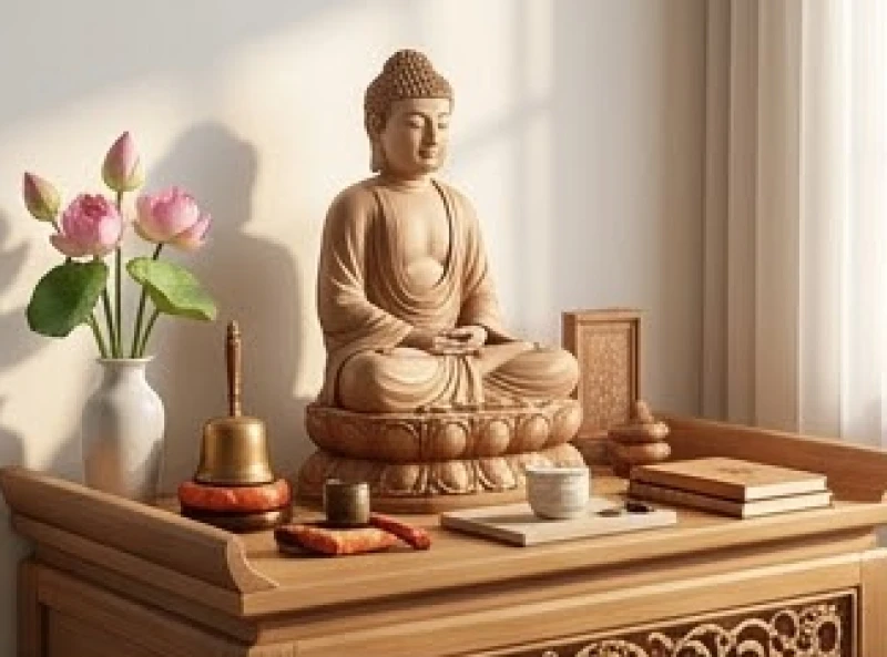Không gian bàn thờ Phật tại gia trang nghiêm với tượng Phật và ánh sáng thanh tịnh