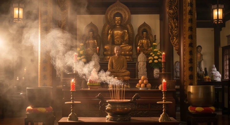Mơ Thấy Đi Chùa: Giải Mã Điềm Báo, Cách Hóa Giải & Con Số Lộc 2 Chánh điện thiêng liêng và tĩnh lặng với ánh sáng ấm áp tỏa ra từ những ngọn nến và nhang trầm