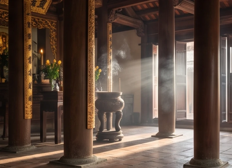 Không gian thiền môn thanh tịnh với khói trầm hương mờ ảo, nơi mang lại sự bình yên trong tâm thức người Á Đông