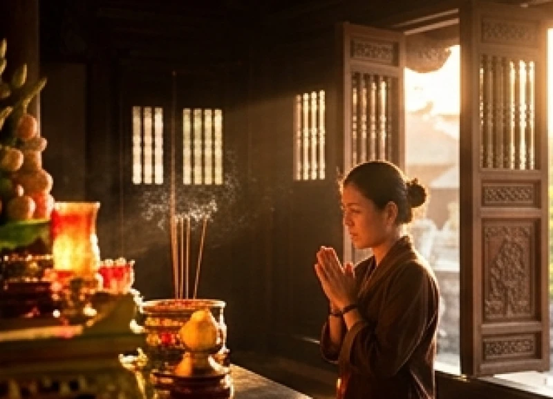 Người dâng hương tĩnh tâm trước điện thờ Phật ngập tràn ánh sáng trong ngôi chùa cổ kính